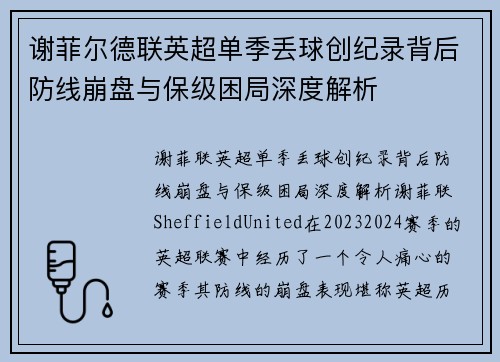 谢菲尔德联英超单季丢球创纪录背后防线崩盘与保级困局深度解析